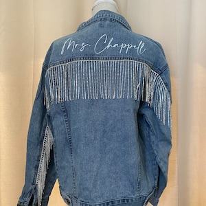 Arm to Arm Rhinestone Fringe Personalized Boyfriend Fit Denim Jacket | Bride Jean Jacket | Future Mrs. | Bachelorette Party Jacket