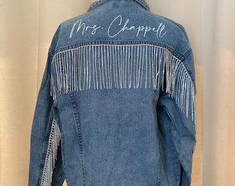 Arm to Arm Rhinestone Fringe Personalized Boyfriend Fit Denim Jacket | Bride Jean Jacket | Future Mrs. | Bachelorette Party Jacket