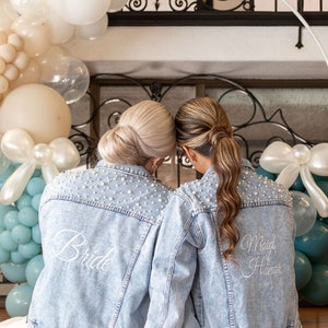 Embroidered Mrs Pearl Jean Jacket | Custom Bride Jean Jacket | Mrs Denim Jacket | Personalized Jean Jacket | Bridal Gift | Bridal Pearls