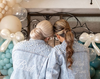 Embroidered Mrs Pearl Jean Jacket | Custom Bride Jean Jacket | Mrs Denim Jacket | Personalized Jean Jacket | Bridal Gift | Bridal Pearls