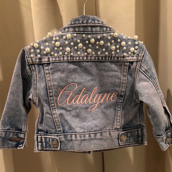 Little Girls EMBROIDERED Blue Pearl Denim Jacket | Flower Girl Jean Jacket | Baby Denim Jacket | Toddler Denim Jacket| Custom Girls Clothes