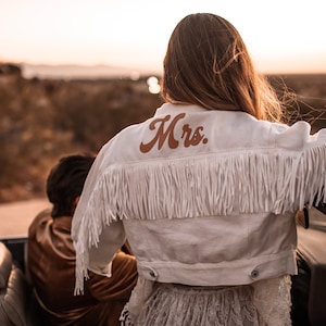 Personalized White Fringe Denim Jacket | Fuzzy Tan Groovy Bride Jacket | Custom Mrs. Jean Jacket | Wedding Jacket | Bachelorette Jacket