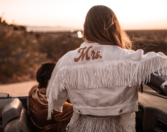 Personalized White Fringe Denim Jacket | Fuzzy Tan Groovy Bride Jacket | Custom Mrs. Jean Jacket | Wedding Jacket | Bachelorette Jacket