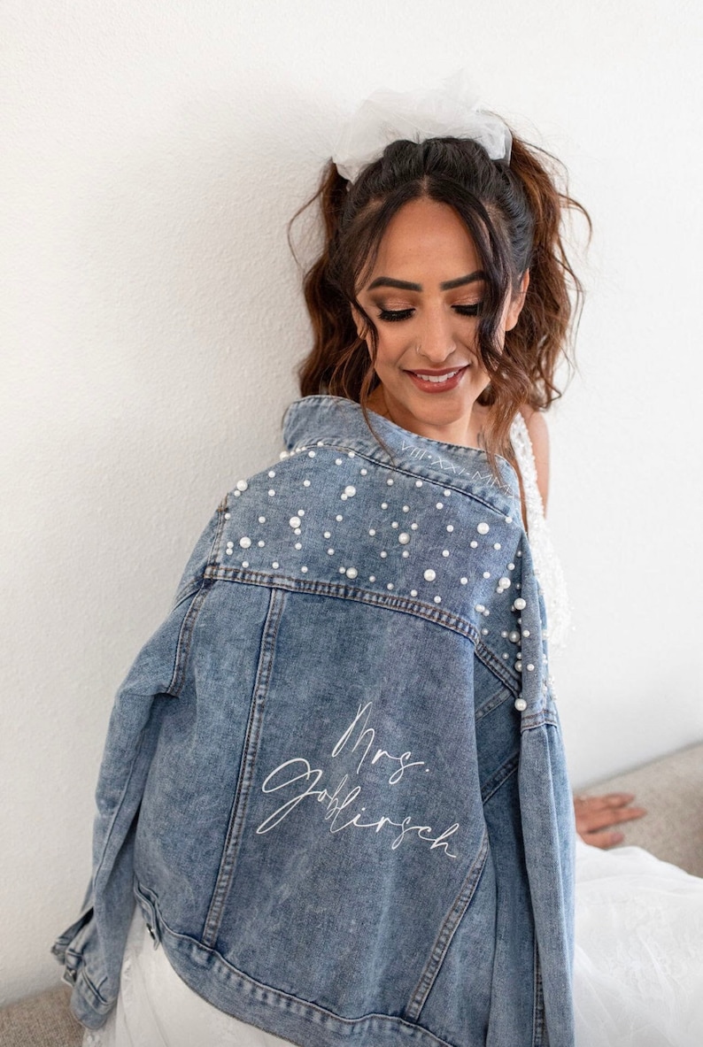 PERSONALIZED Pearl bride Denim Mrs Denim Bridal Jacket Customized Wedding Jean Jacket Bridal Denim Jacket Til Death Do Us Part image 2