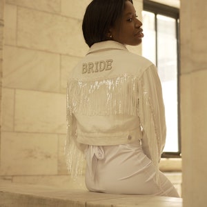 White Fringe Personalized Denim Jacket | Sequin Fringe | Bride Jacket | Future Mrs. | Bachelorette Party Jacket | Cropped Denim Jacket