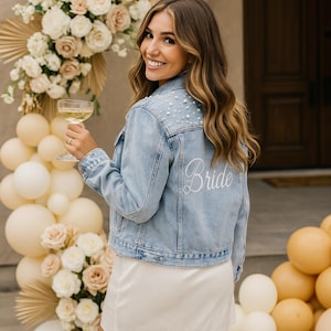 Mrs Pearl Embroidered Jean Jacket | Custom Bride Jean Jacket | Mrs Denim Jacket | Personalized Jean Jacket | Bridal Gift | Bridal Pearls