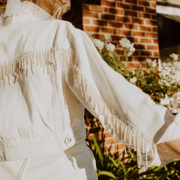 White Pearl Fringe Denim Jacket | Personalized Collar Bride Jacket | Custom Mrs. Jean Jacket | Wifey Denim | Wedding Jacket