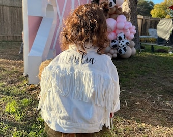 Little Girls Personalized White Fringe Denim Jacket |Flower Girl Jean Jacket |Baby Denim Jacket | Toddler Denim Jacket| Custom Girls Clothes