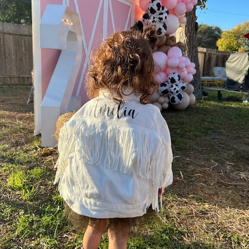 Little Girls Personalized Blue Pearl Denim Jacket Flower Etsy