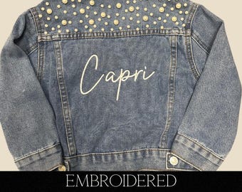 Personalized Toddler Denim Jacket: Embroidered Name, Blue Pearl Flower Girl