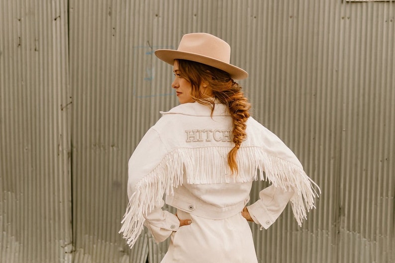 Rhinestone fringe bride jacket for Nashville bachelorette or wedding