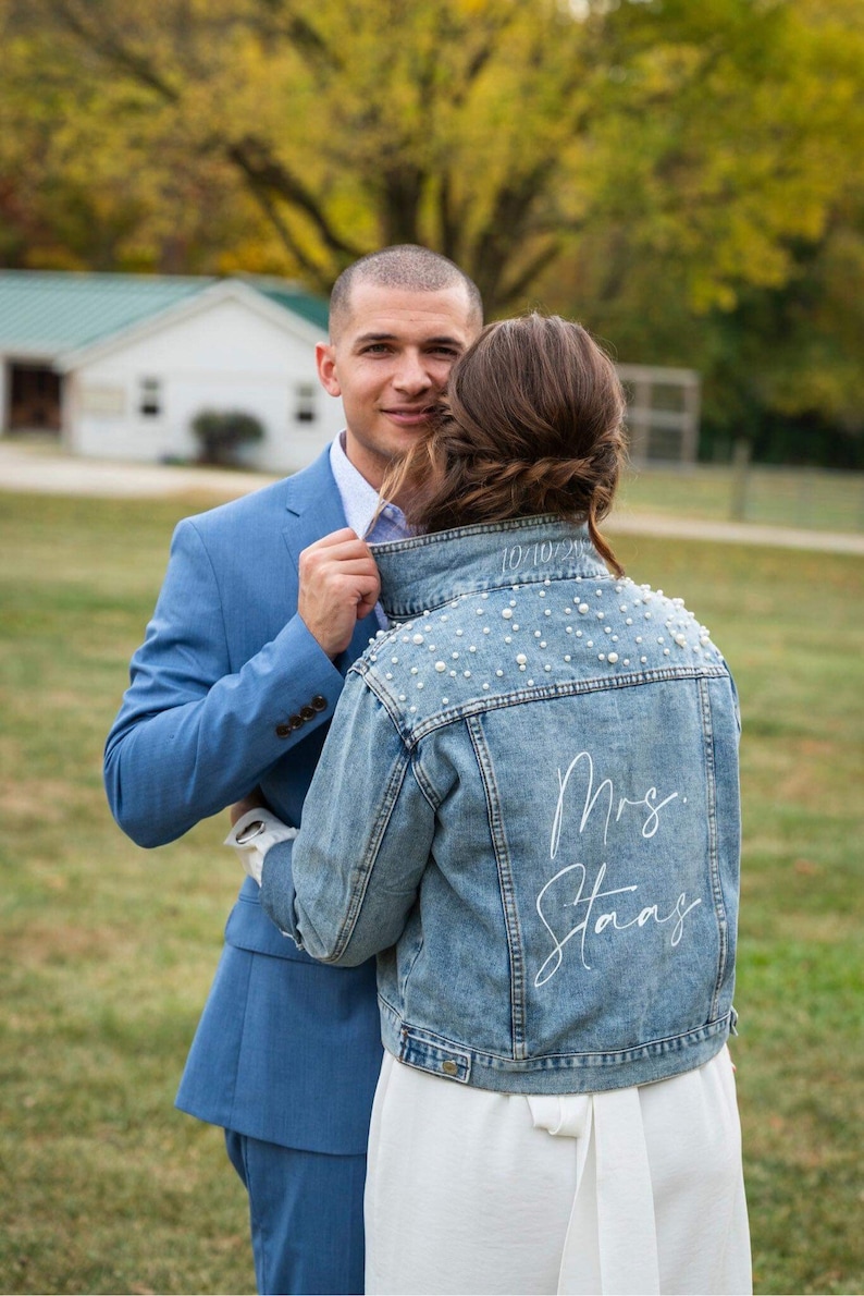 Mrs Pearl Jean Jacket Custom Bride Jean Jacket Mrs Denim Jacket Personalized Jean Jacket Bridal Gift Bridal Pearls image 4