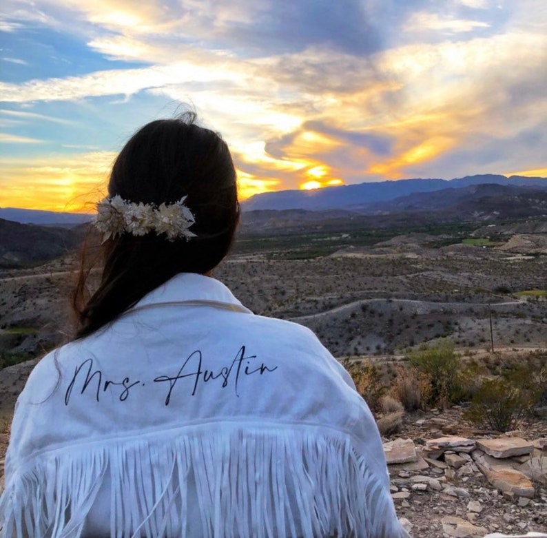 White Fringe Personalized Denim Jacket Western Bride Nashville Bachelorette Custom Bride Jacket Rodeo Personalized image 3