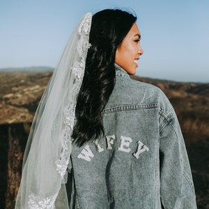Personalized WIFEY Pearl & Rhinestone Denim Jacket | Custom Bride Jacket | Mrs. Jacket | Boyfriend Fit Jean Jacket