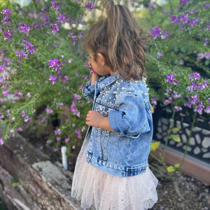 Little Girls Personalized Blue Pearl Denim Jacket Big Sister Jean Jacket Baby Denim Jacket Toddler Denim Jacket Custom Girls Clothes image 5