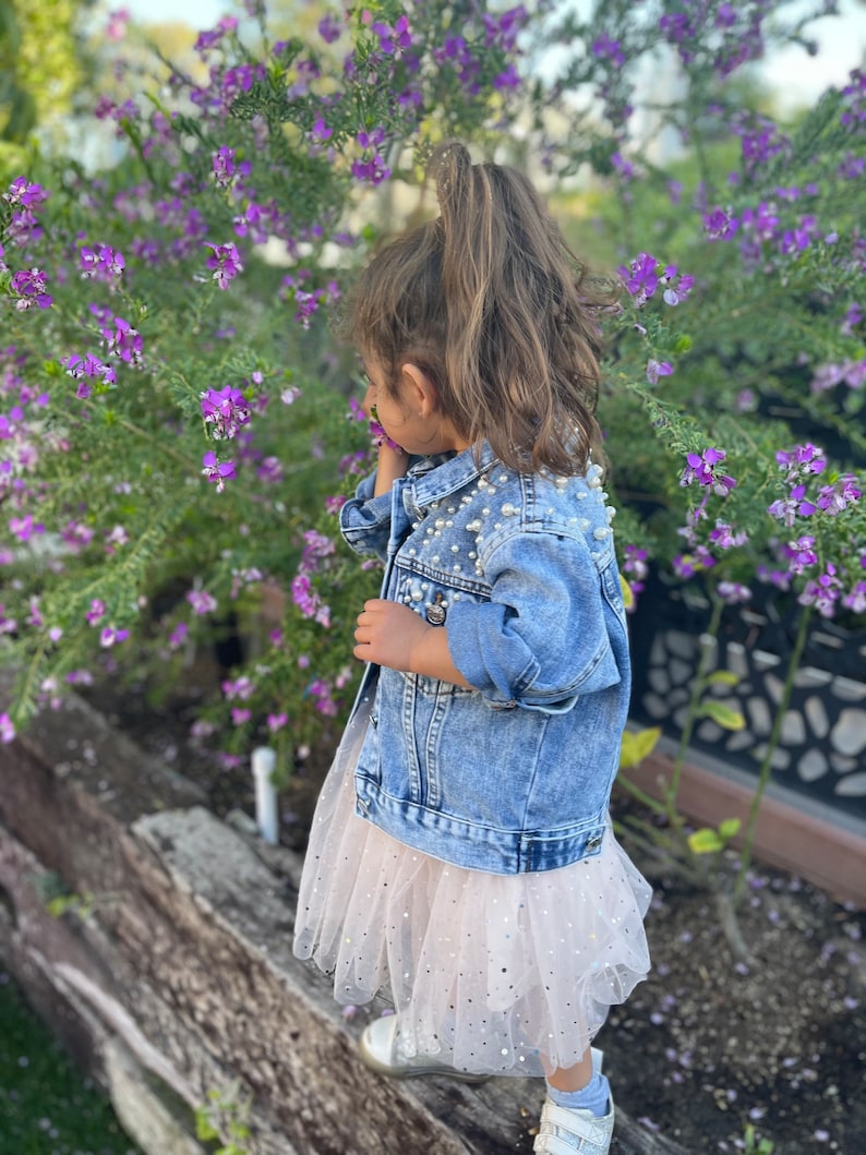 Little Girls Personalized Blue Pearl Denim Jacket Big Sister Jean Jacket Baby Denim Jacket Toddler Denim Jacket Custom Girls Clothes image 5