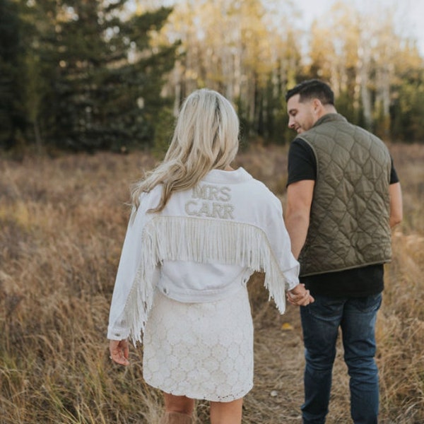 White Fringe Pearl & Rhinestone Denim Jacket | Personalized Bride Jacket | Custom Mrs. Jean Jacket | Wifey Denim | Wedding Jacket