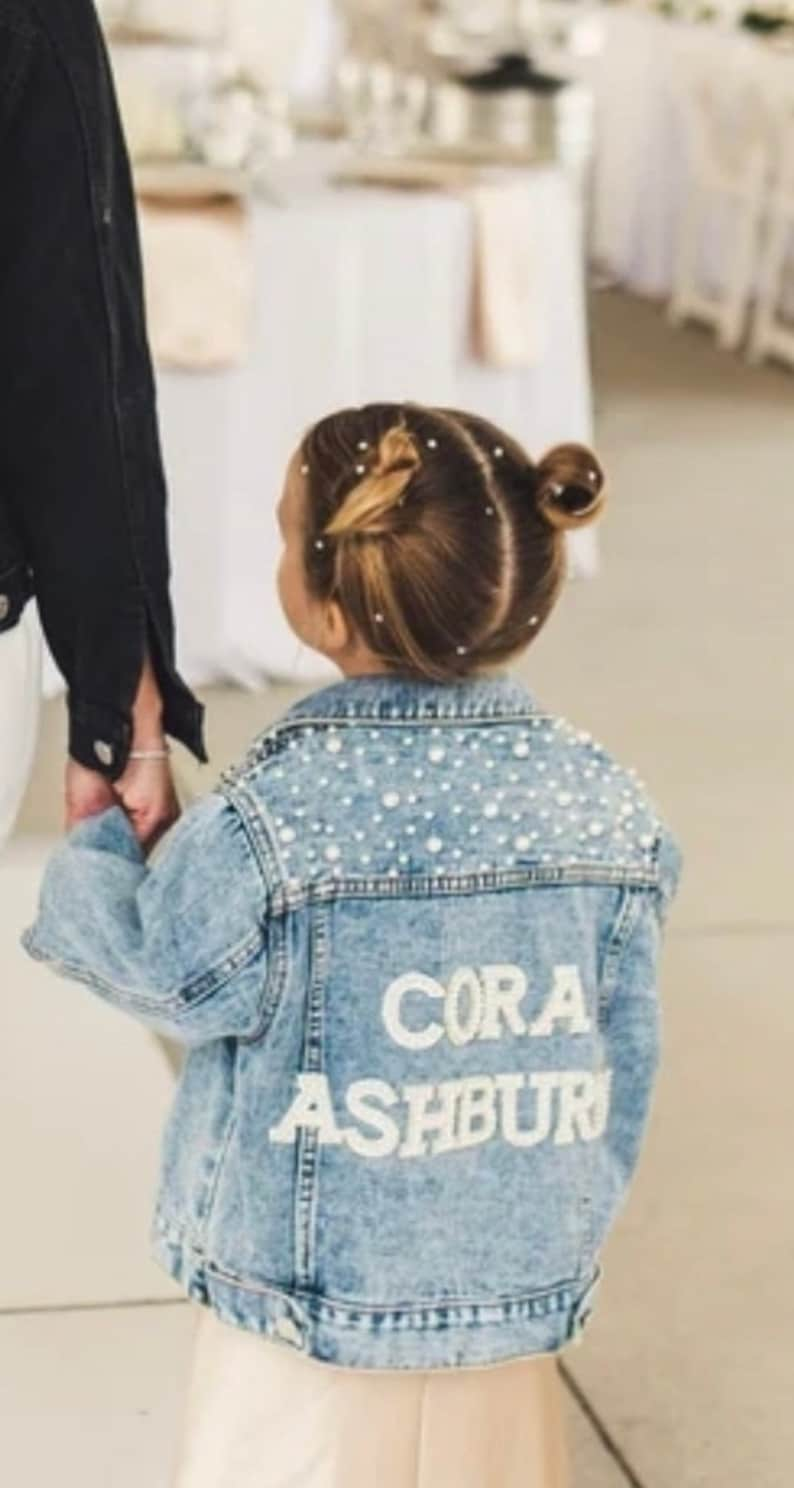 Little Girls Personalized Blue Pearl Denim Jacket Flower Girl Jean Jacket Baby Denim Jacket Toddler Denim Jacket Custom Girls Clothes image 1