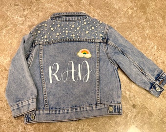 Little Girls Personalized Blue Pearl Denim Jacket | Flower Girl Jean Jacket | Baby Denim Jacket | Toddler Denim Jacket| Custom Girls Clothes