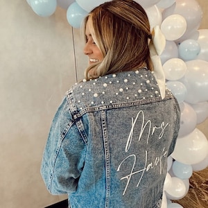 Wedding Bride Pearl Denim Jacket Personalized Custom with Mrs Future Last Name Date on Collar Bridal Gift