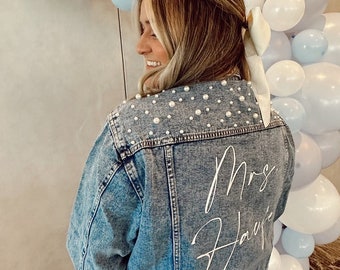 Wedding Bride Pearl Denim Jacket Personalized Custom with Mrs Future Last Name Date on Collar Bridal Gift