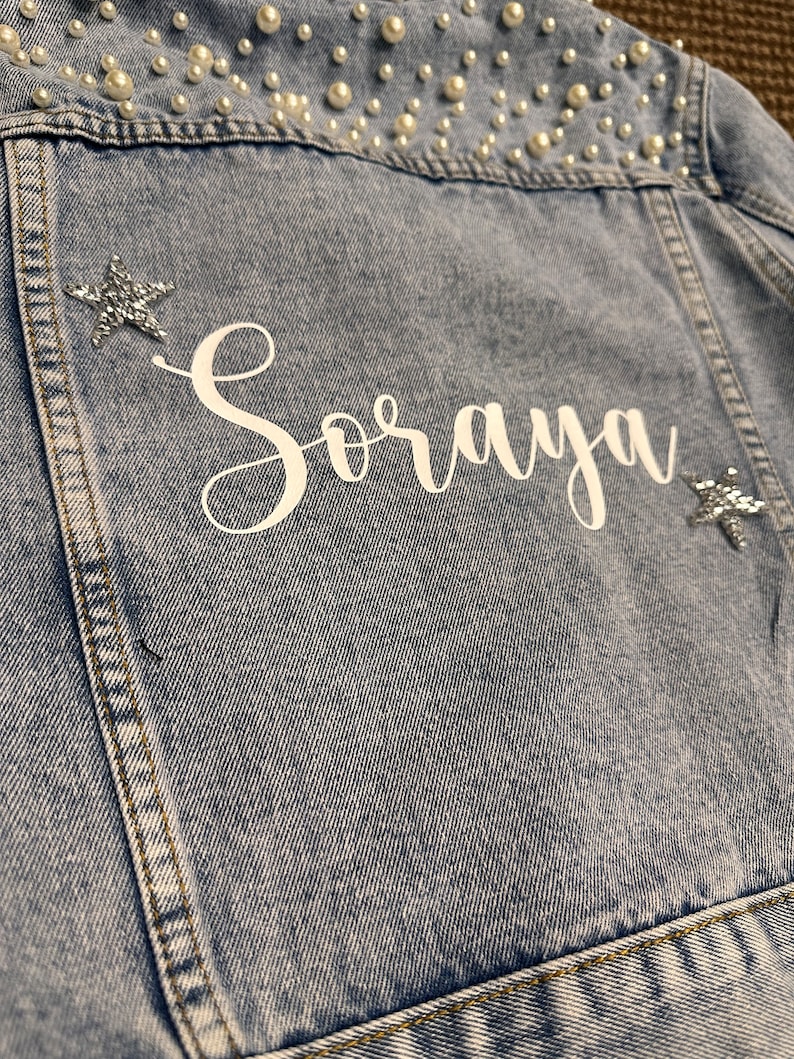 Little Girls Personalized Blue Pearl Denim Jacket Flower Girl Jean Jacket Baby Denim Jacket Toddler Denim Jacket Custom Girls Clothes image 6