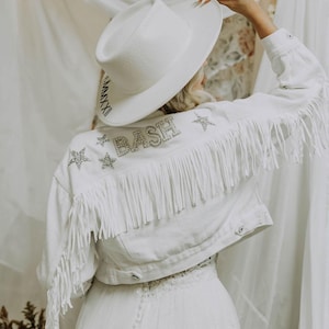 White Fringe Pearl & Rhinestone Denim Jacket | Personalized Bride Jacket | Custom Mrs. Jean Jacket | Wifey Denim | Wedding Jacket
