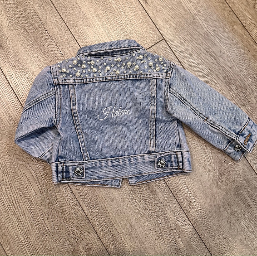 Little Girls EMBROIDERED Personalized Blue Pearl Denim Jacket Flower