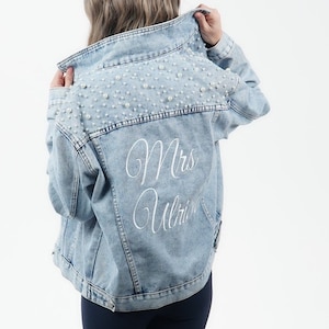 Mrs Pearl Embroidered Jean Jacket | Custom Bride Jean Jacket | Mrs Denim Jacket | Personalized Jean Jacket | Bridal Gift | Bridal Pearls