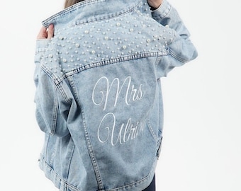 Mrs Pearl Embroidered Jean Jacket | Custom Bride Jean Jacket | Mrs Denim Jacket | Personalized Jean Jacket | Bridal Gift | Bridal Pearls