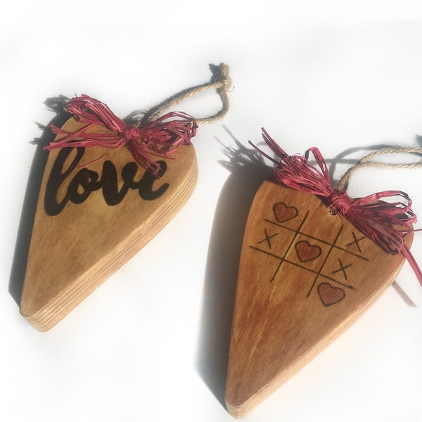 Wood Burn Heart Hangings/Choose Love, Tic tac toe hearts, dragonflies, or flowers /measurements for each are- 4 3/4" X 3"X 3/4"
