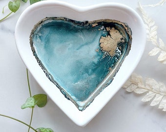 ORIGINAL - Handpainted - Ring, Trinket, Jewellery Dish - Heart shaped - Alcohol Inks - Teal Gold/Brass
