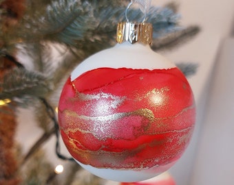 SET of 6 - Cream glass baubles, handpainted with RED & GOLD alcohol inks