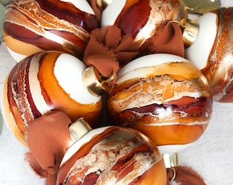 Hand-painted Glass Baubles in Amber & Gold - 4 Sizes Available - Singles or Sets - With or without gold