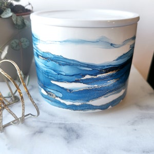 ORIGINAL Handpainted Planter Plant Pot Storage jar Storage dish Storage box with lid Alcohol Inks Navy Blue, Gold/Brass image 9