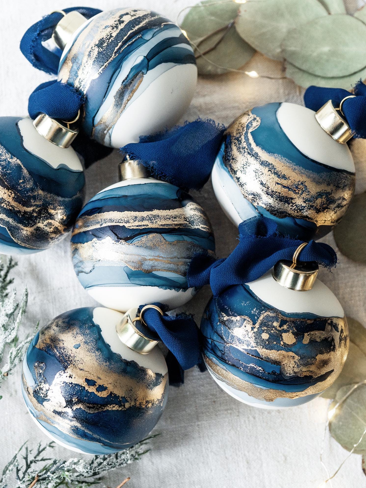Hand-painted Glass Baubles in Navy & Gold - 4 Sizes Available - Singles or Sets - With or without gold