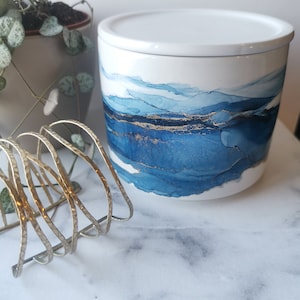 ORIGINAL Handpainted Planter Plant Pot Storage jar Storage dish Storage box with lid Alcohol Inks Navy Blue, Gold/Brass image 8