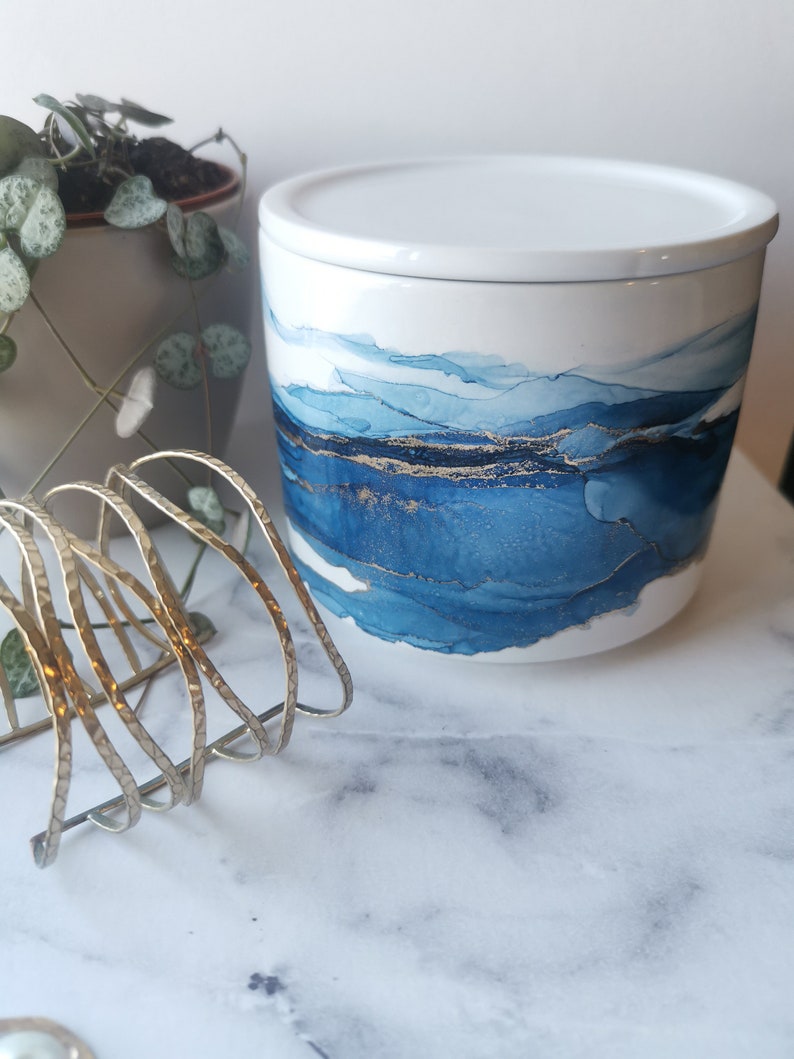 ORIGINAL Handpainted Planter Plant Pot Storage jar Storage dish Storage box with lid Alcohol Inks Navy Blue, Gold/Brass image 8