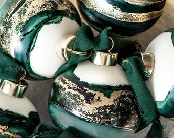 Hand-painted Glass Baubles in Forest Green & Gold - 4 Sizes Available - Singles or Sets - With or without gold