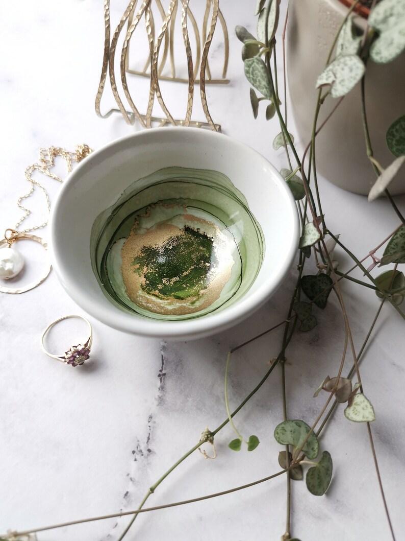 ORIGINAL Handpainted Ring, Trinket, Jewellery Dish Alcohol Inks Green, Gold/Brass image 2