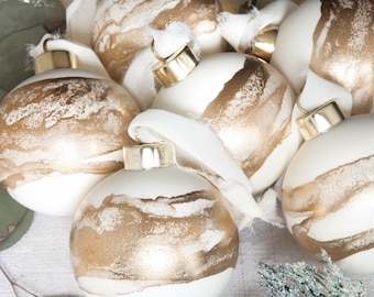 Hand-painted Glass Baubles in Cream & Gold - 4 Sizes Available - Singles or Sets