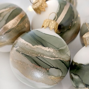 Handpainted Glass Baubles in Moss Green & Gold - Sold as SINGLE or SET OF 6