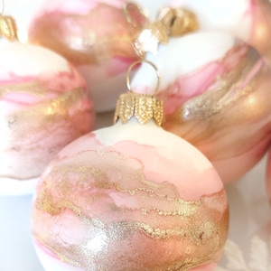 Handpainted Glass Baubles in Pale Pink & Gold - Sold as SINGLE or SET OF 6