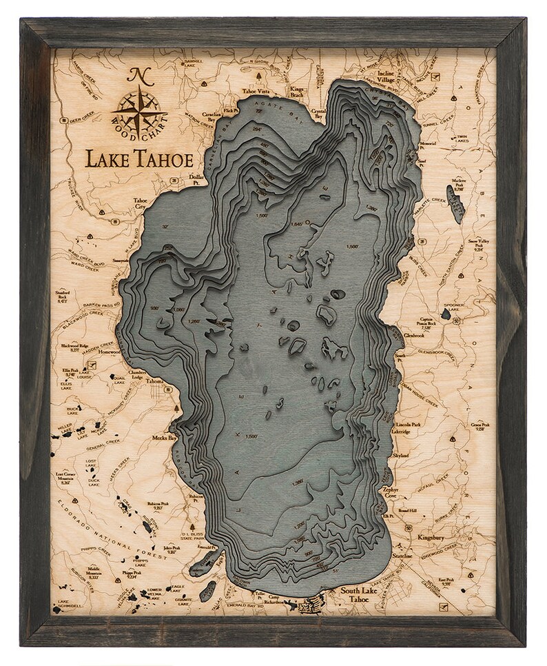 Lake Tahoe Wood Carved Map Grey Frame Etsy