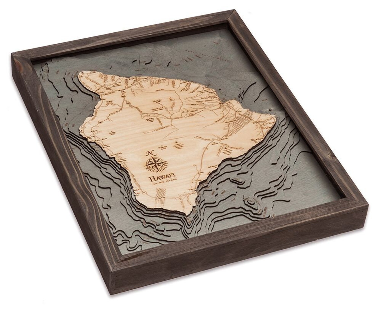 Hawaii the Big Island Wood Carved Map Grey Frame Etsy