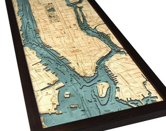 Manhattan Wood Carved Map-  Dark Frame