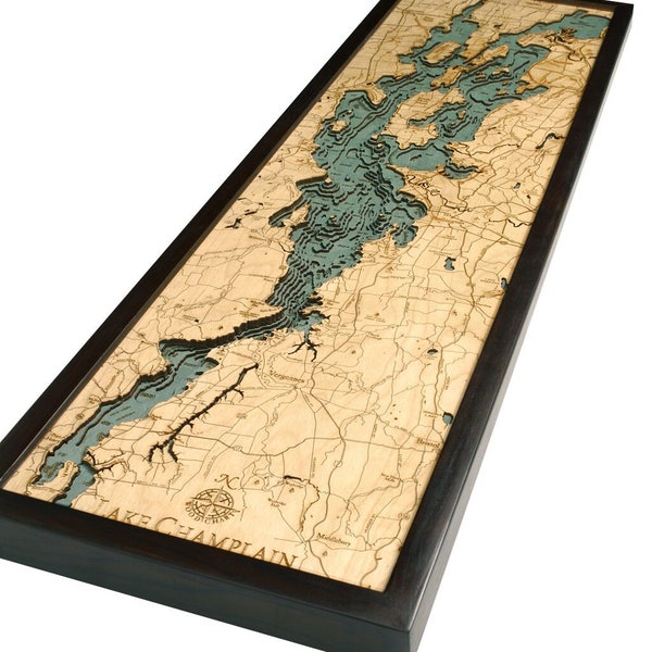 Lake Champlain Wood Carved Map- Dark Frame