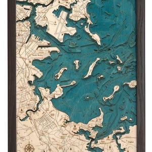 Boston Harbor Wood Carved Map- BLUE- Dark Frame