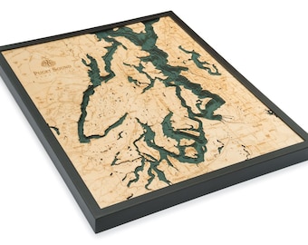 Puget Sound Wood Carved Map- Dark Frame