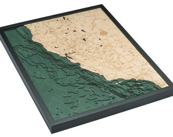 California Coastline Wood Carved Map- Dark Frame